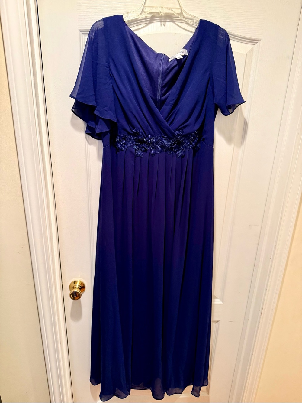 Ever Pretty Deep Blue Chiffon Maxi Dress with Floral Beaded Waist